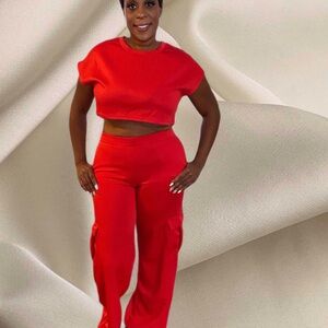 Vibrant Red Wide Leg Two Piece Outfit